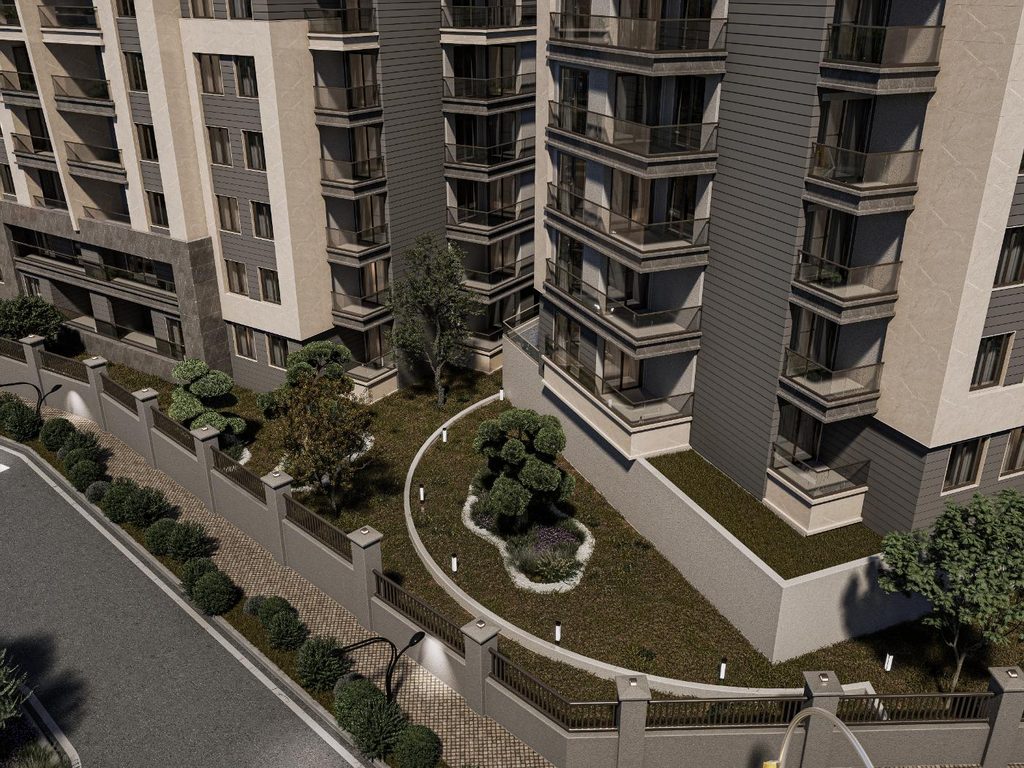 Bina cephesindeki balkon detayları ve peyzaj düzenlemesi